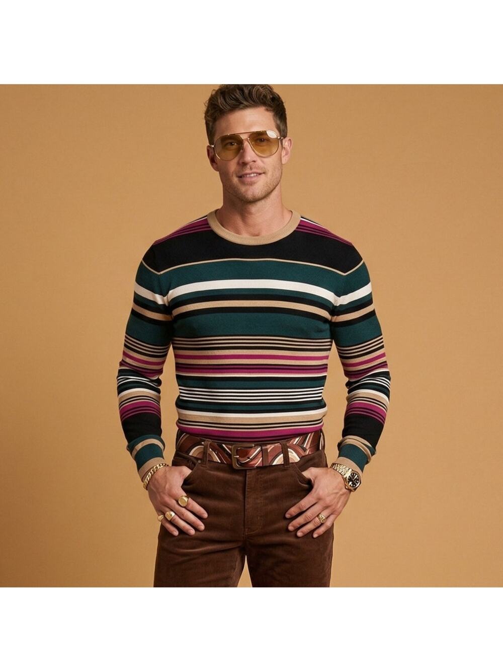 MR TURK Merino Wool Crew Sweater Multi color Striped size Small